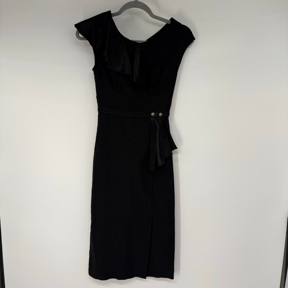 Stop Staring Ruffle Midi Sheath Dress Women's Size S Black Cap Sleeve Retro Glam